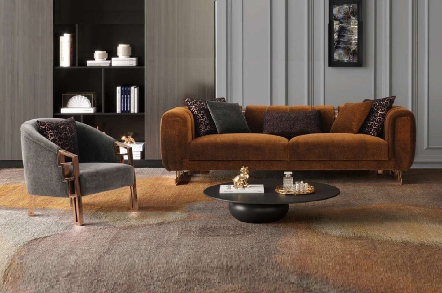 Braun Made 3 Sessel), (2-St., Komplette Wohnzimmer-Set Sofa, Sofa Set Nur in Europe Sitzer Sessel Sofa Dreisitzer JVmoebel Couchgarnitur +