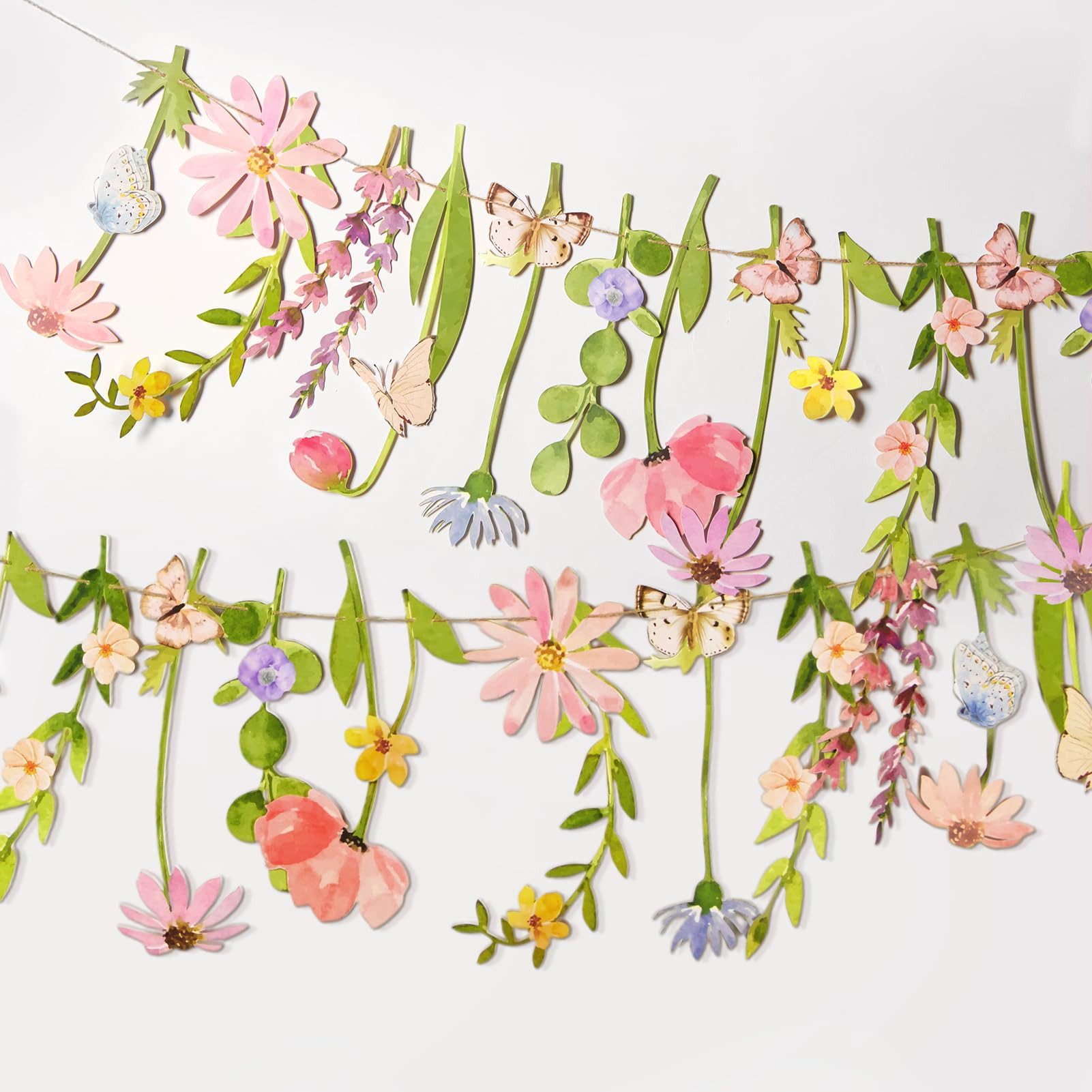 FOUORTUNATE-BEE Wimpelkette Wildblumen-Girlande 2er Set, bunt, Blumengirlande zur Dekoration, Blumenbanner für Kinderzimmer, Gartenparty, Hochzeit und Babyshower