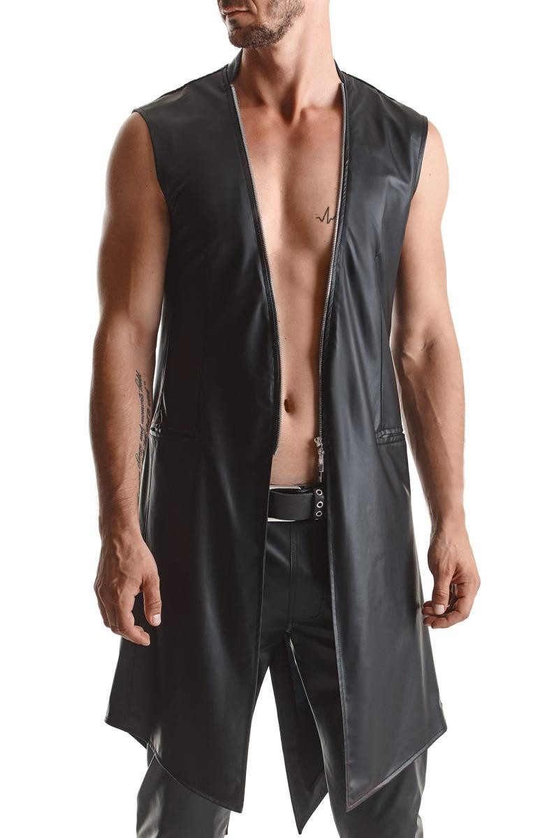 Regnes Fetish Planet Lederimitatmantel Herren Mantel Weste schwarz aus schwarzem Wetlook-Material mit Reißver