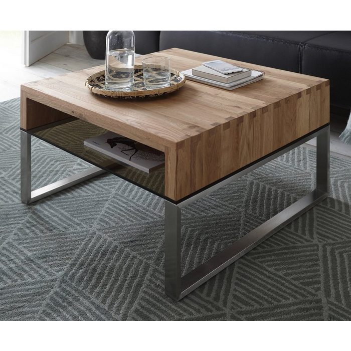 MCA furniture Couchtisch Hilary (Couchtisch quadratisch mit Ablage 70 x 70 cm) Asteiche massiv und Edelstahl