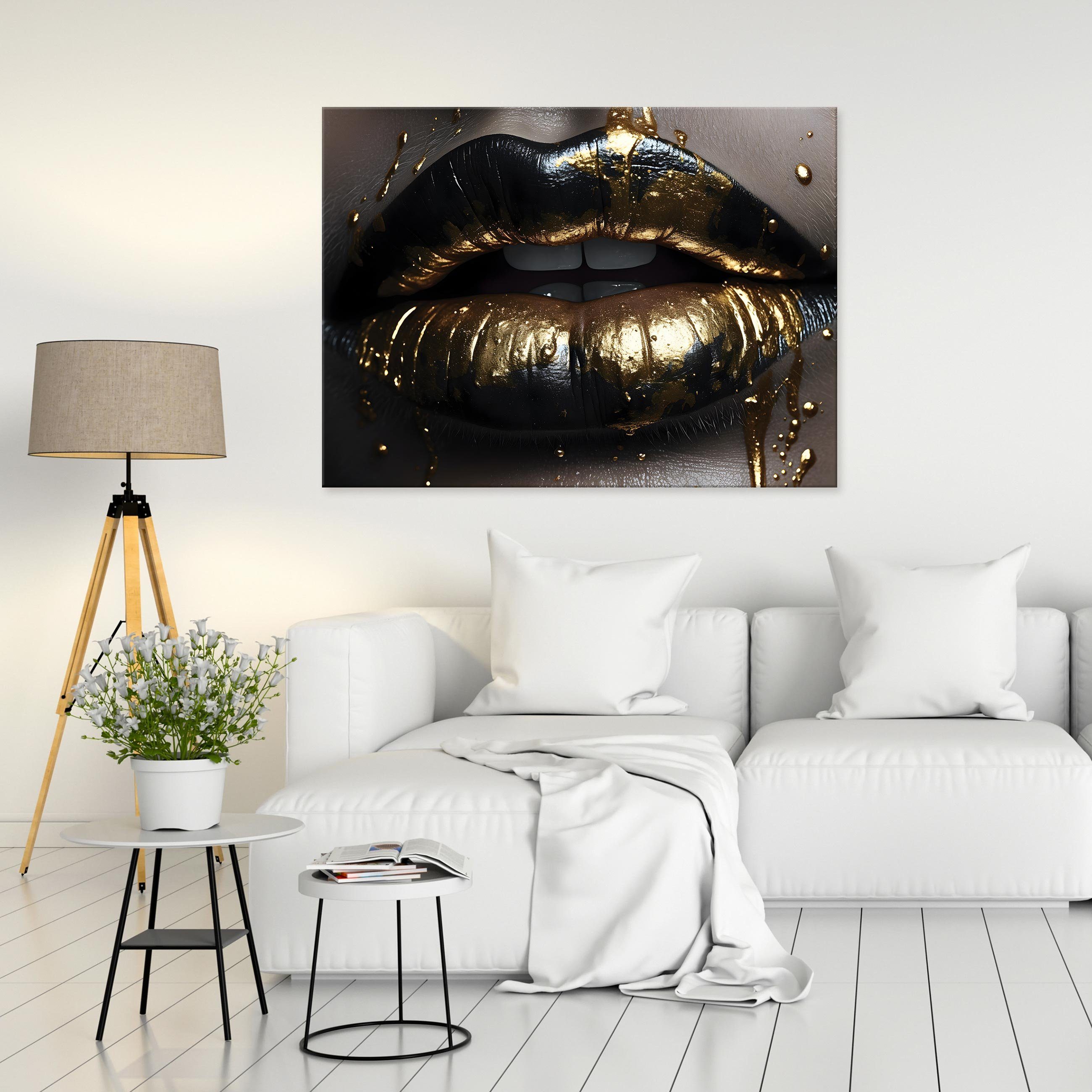 Bild Farbe Leinwandbild 1 XXL Modern, Groß Kunst Leinwand Art St), Leinwandbilder Frau Leinwandbild Sexy Gold (Einteilig, Abstrakt Wandbild Wallarena Mund Bilder Aufhängefertig