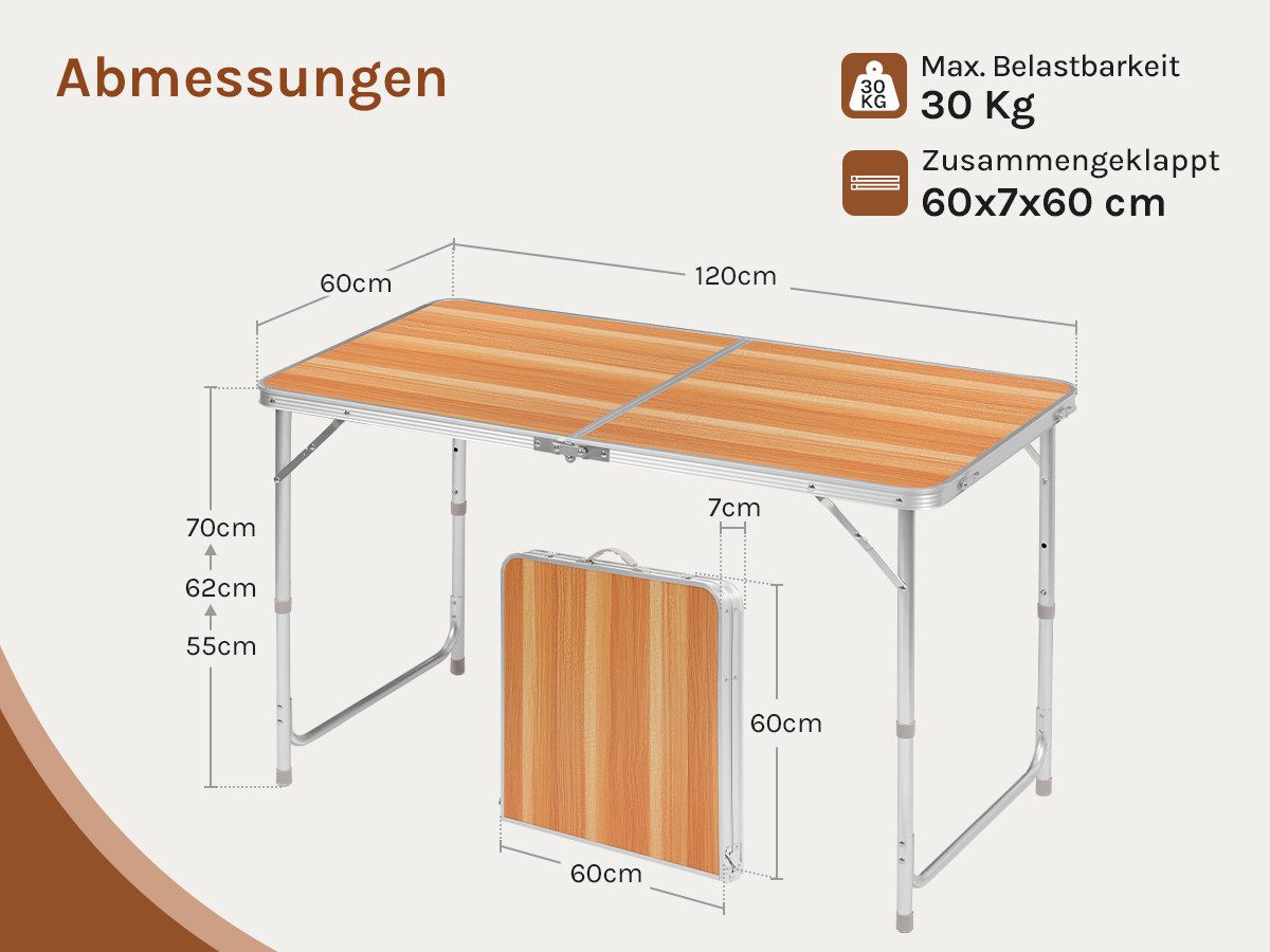 Woltu Campingtisch (1-St), Klapptisch, höhenverstellbar, aus Aluminium MDF