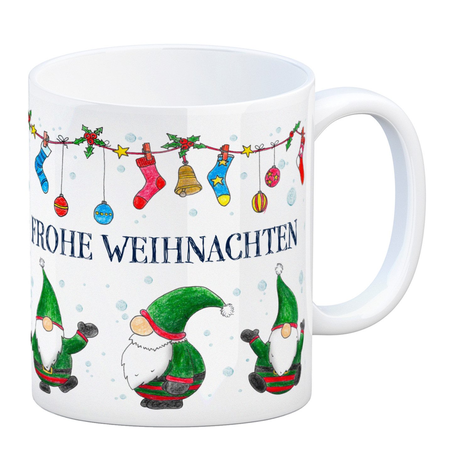 Tasse Kaffeebecher mit Wichtel Motiv und Spruch: Frohe Weihnachten Tasse