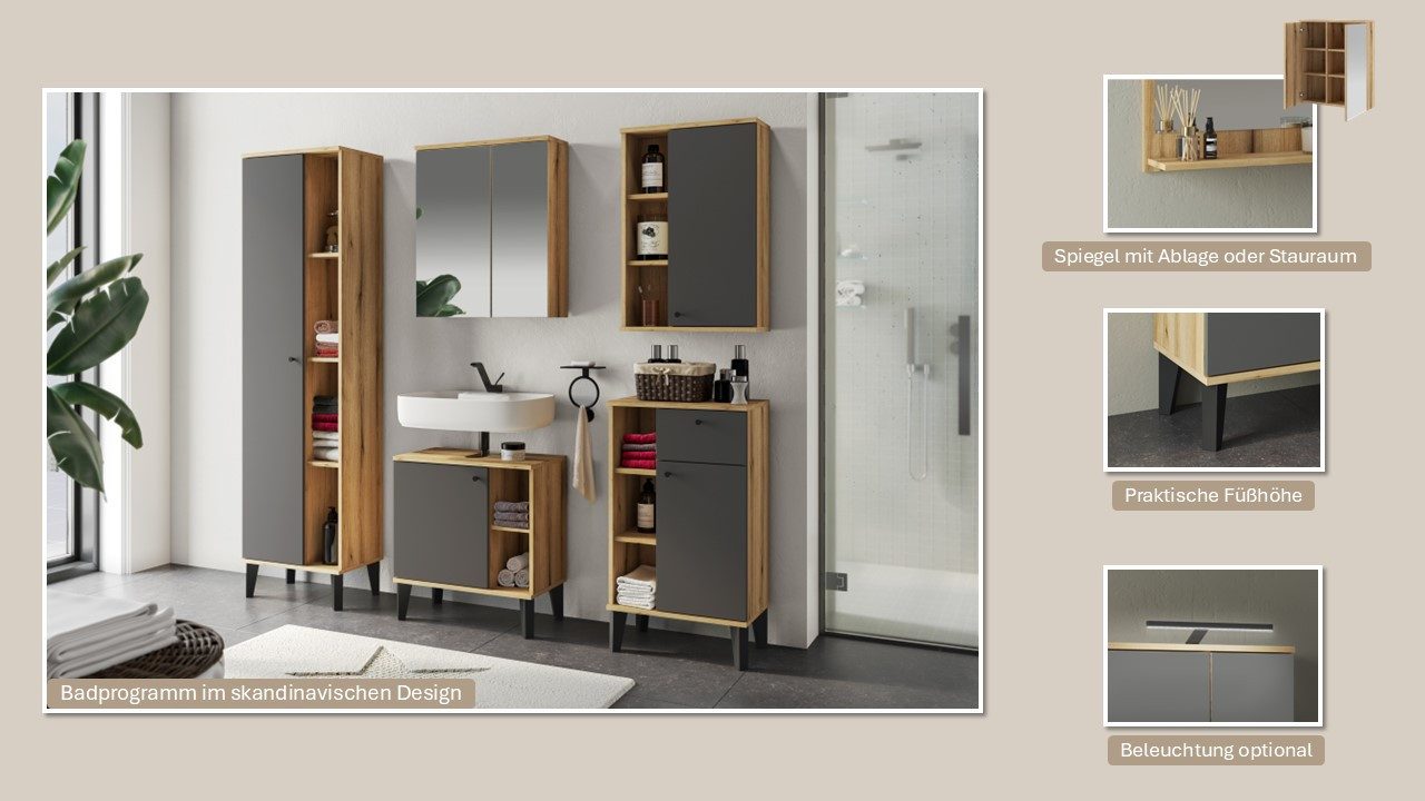 Home affaire Badmöbel-Set OSLO, Bad im skandinavischen Design, 5-teiliges Badezimmer, (Set, 3-St), Badschränke und Spiegel, in zwei Farben verfügbar, viel Stauraum