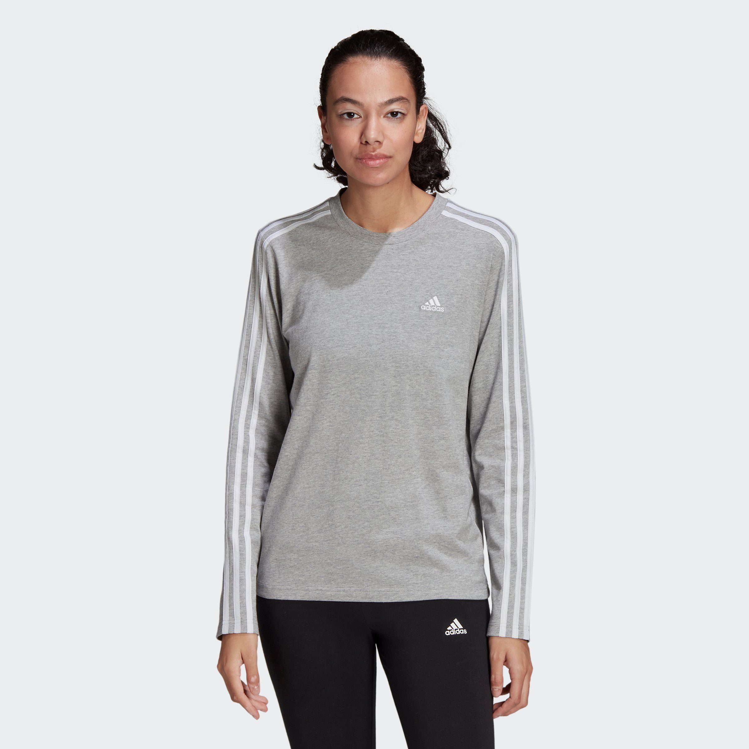 adidas Sportswear Langarmshirt ESSENTIALS White 3STREIFEN / Heather Medium Grey LONGSLEEVE