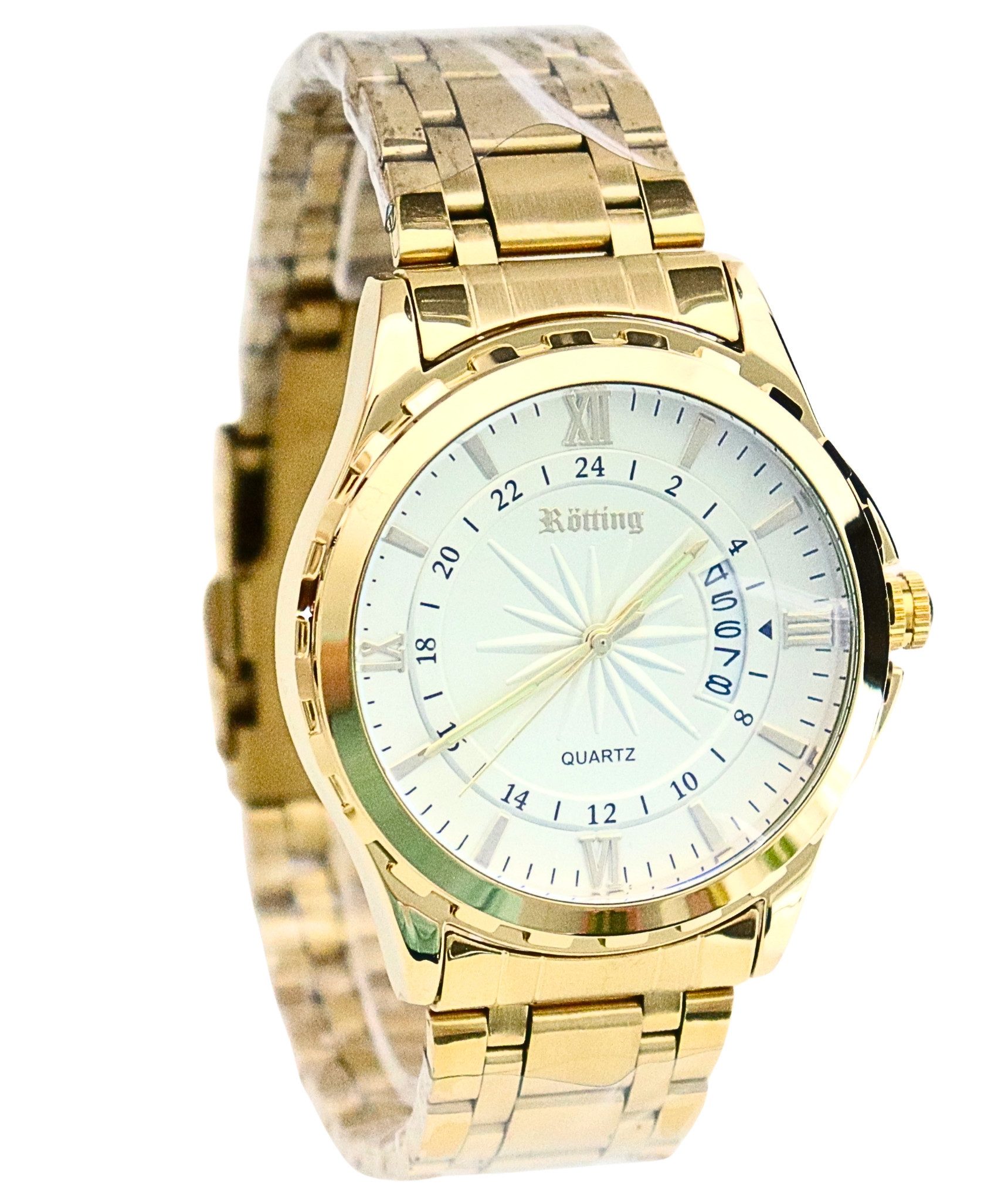 Rötting Design Quarzuhr Herrenuhr Quarz weiß goldfarbenes Ziffernblatt Datumanzeige