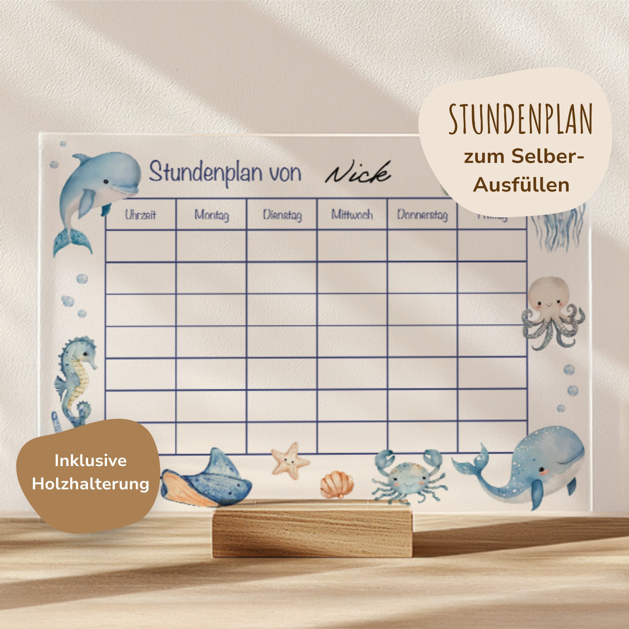 MeinBaby123® Schreibtischkalender Einschulung, Stundenplan Acrylglas transparent, Stundenplan abwischbar, Schulanfang Geschenk, inkl. Holzhalterung