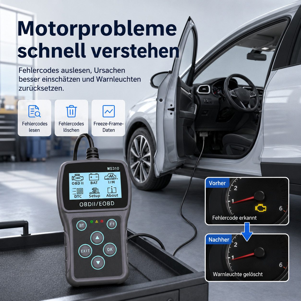 Tekoo OBD2-Diagnosegerät OBD2 Diagnosegerät mit Bluetooth & App - KFZ Fehlercodes auslesen, Einzelartikel, Einzelgerät inkl. Zubehör, Echtzeit-Datenfluss; OTA-Updates; Batterietestfunktion; 10 OBD-II Modi