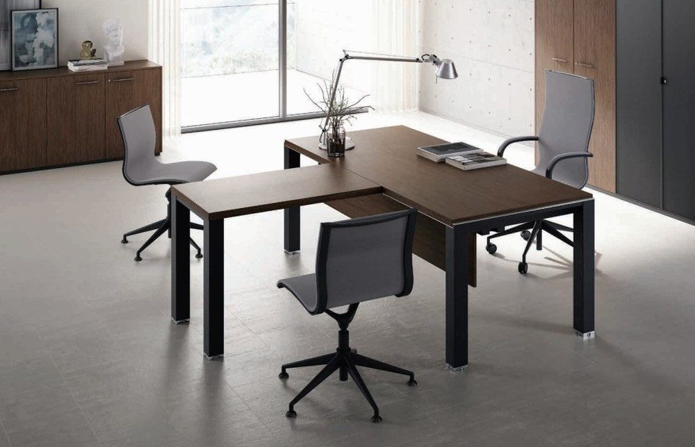 JVmoebel Schreibtisch Frezza Cheftisch aus Holz mit Edelstahlfüßen in Braun und Schwarz (1-St., 1 Tisch), Made in Italy