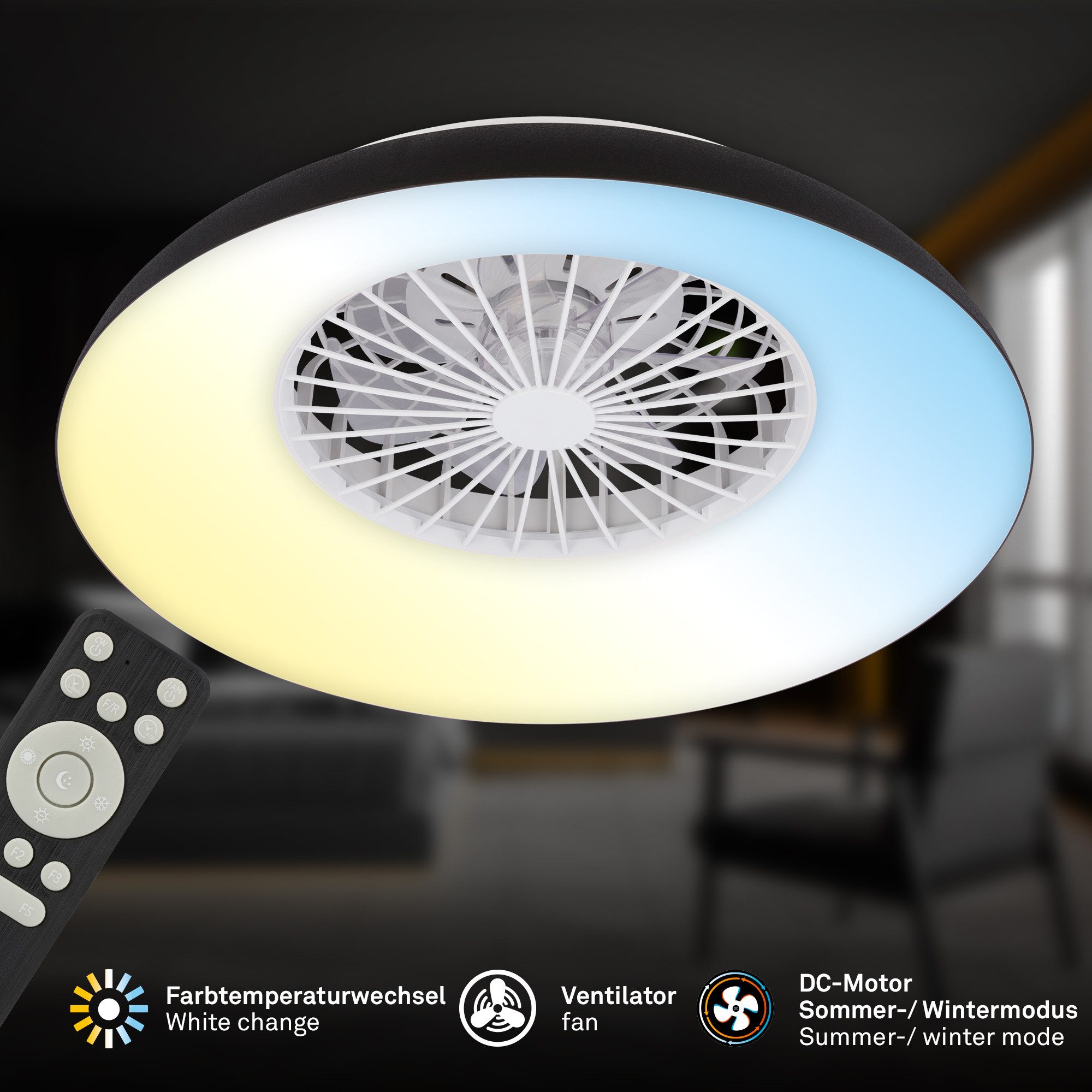 Briloner Leuchten LED Deckenleuchte Deckenventilator mit Licht DC-Motor Fernbedienung Dimmbar, LED fest integriert, CCT Farbtemperatursteuerung - Warm-/Neutral-/Kaltweiß, 60 x 19 cm (DxH), Schlafzimmer, Wohnzimmer, Esszimmer, Flur, Küche