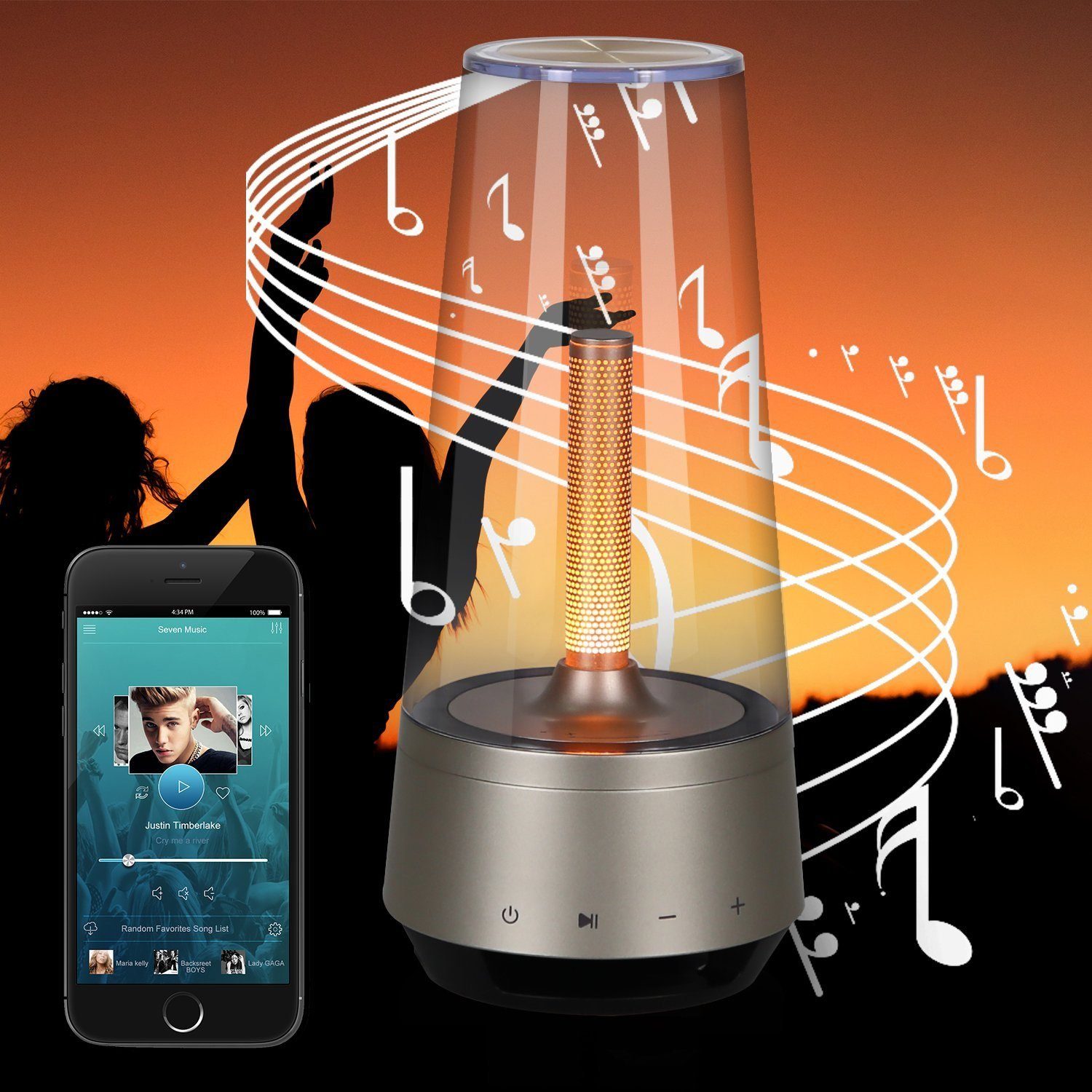 Lautsprecher Nachttischlampe Kerzen- Dimmbar integriert, Stimmungslicht, LED ZMH Bluetooth 2200K Akku USB fest