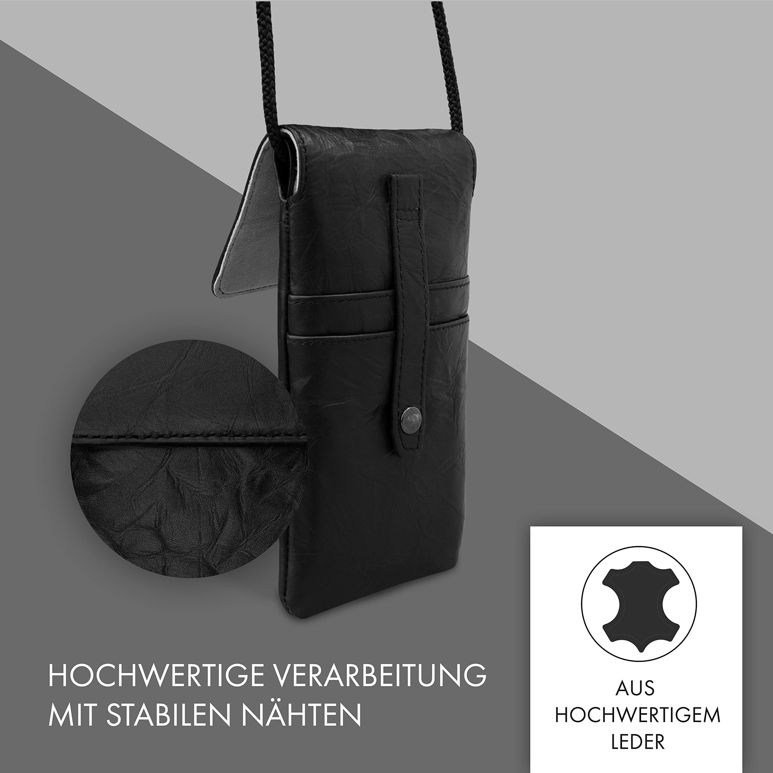 XiRRiX Handytasche Echt Leder Handy Umhängetasche schwarz (1-tlg., incl. Umhängeband), mit zwei Karteneinsteckfächern auf der Rückseite