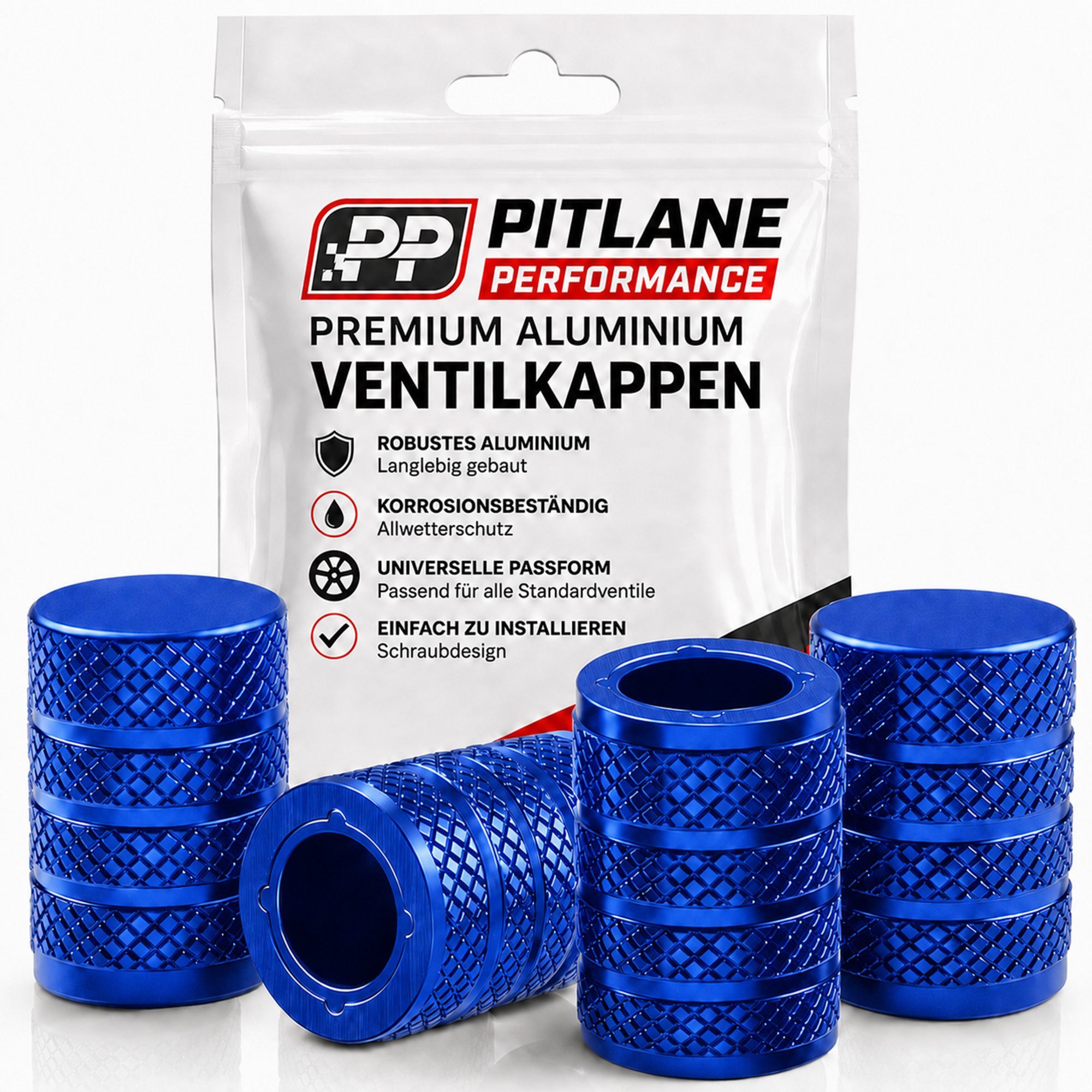 Pitlane Performance Ventilkappe Alu-Ventilkappen für Schrader-Ventile, (Ventilkappen-Set, 4-St., 4 Stück aus Aluminium), Korrosionsschutz und innenliegende Dichtung