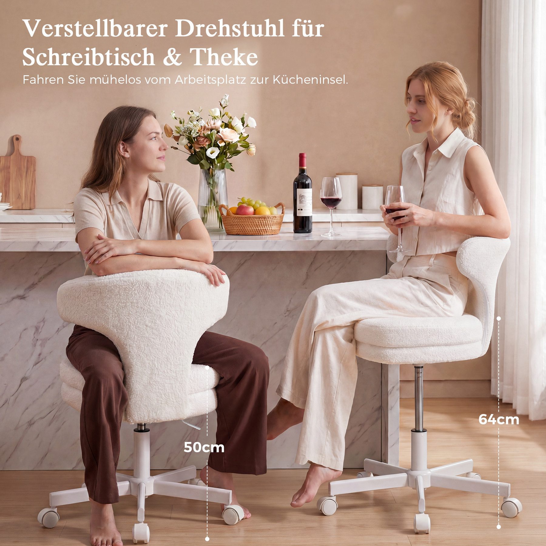 COMHOMA Bürostuhl Homeoffice Stuhl Schminkstuhl mit Rollen, Drehstuhl, mit Umschließender Rückenlehne und Zweilagiges Sitzkissen – Bild 3 von 5
