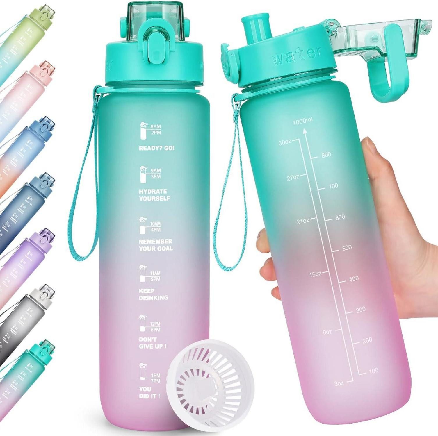 Becher Trinkflasche 1l BPA-frei Sportflasche mit Zeitmarkierung Auslaufsicher