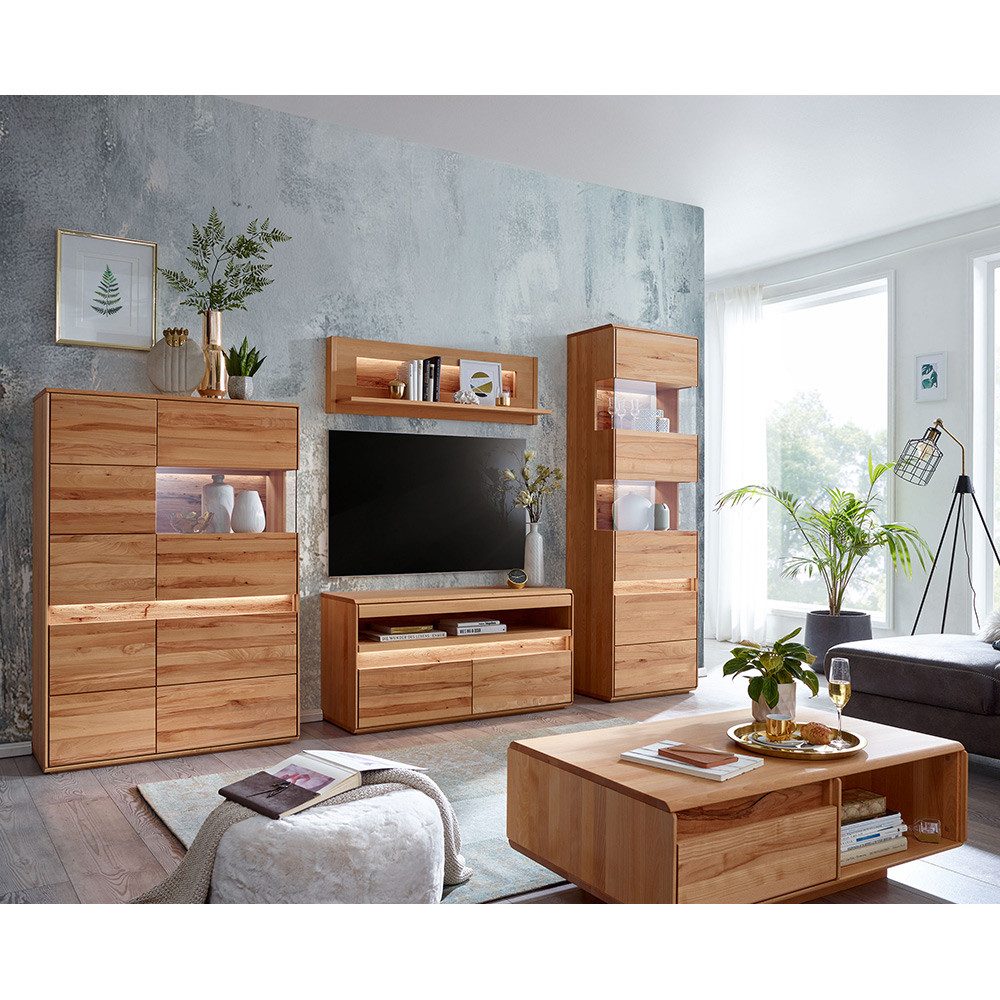 Lomadox Wandregal WELLAND-69, 123 cm breit, Kernbuche massiv geölt mit LED-Beleuchtung