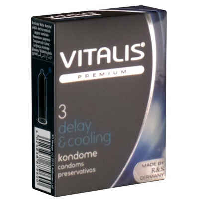 VITALIS Kondome PREMIUM Delay & Cooling (verzögernde Kondome) kleine Packung mit, 3 St., Kondome für sanfte Aktverlängerung und erfrischend prickelnde Gefühle, zuverlässig, sicher und angenehm im Gebrauch