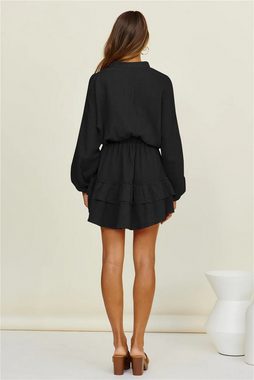 AFAZ New Trading UG Dirndl Lockeres, minimalistisches Kleid mit kurzem Rock und V-Ausschnitt Ballonärmel und gerüschtes, gestuftes, schlichtes Kleid