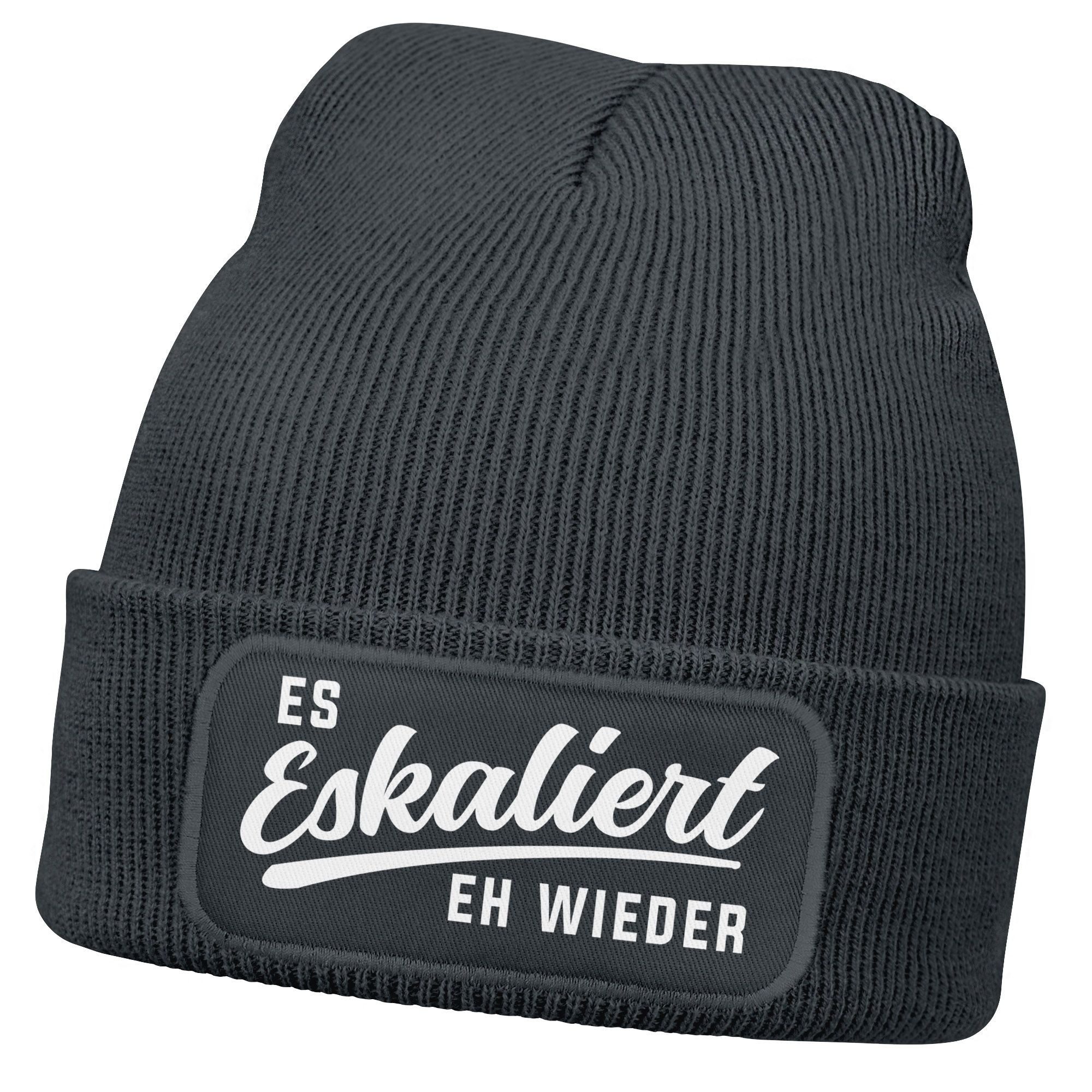 Strickmütze Herren Beanie mit Patch Strickmütze mit Spruch Es eskaliert eh wieder