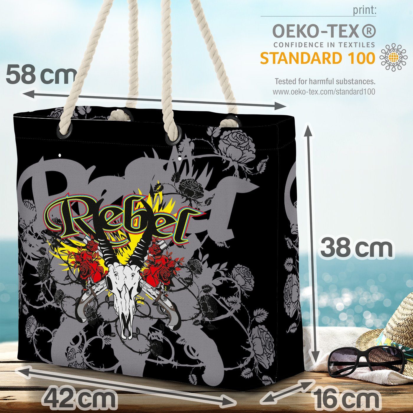 Strandtasche Rocker Tattoo schwarz (1-tlg), Totenkopf VOID Punk Rebel