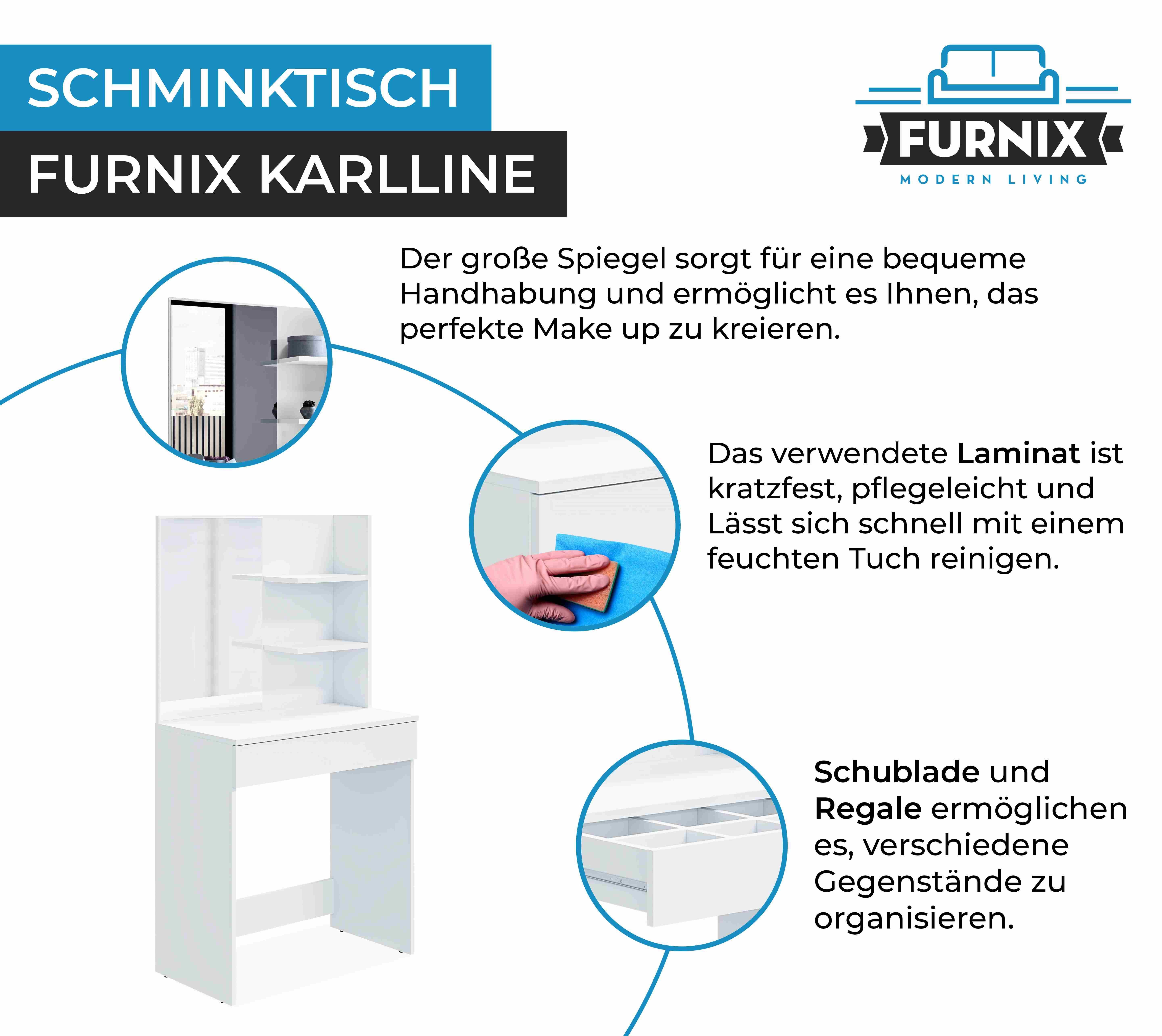 mit in B75 cm, Ablagen Schublade, Spiegel Europe Schminktisch x Furnix KARLLINE T40 in made Schublade der Weiß, Frisiertisch H141,5 8 x und Fächer