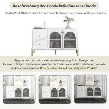 MODFU Sideboard Schrank mit 2 Türen und 2 Schubladen, 120 cm langes weiß-goldenes Sideboard, Anrichte mit Glas