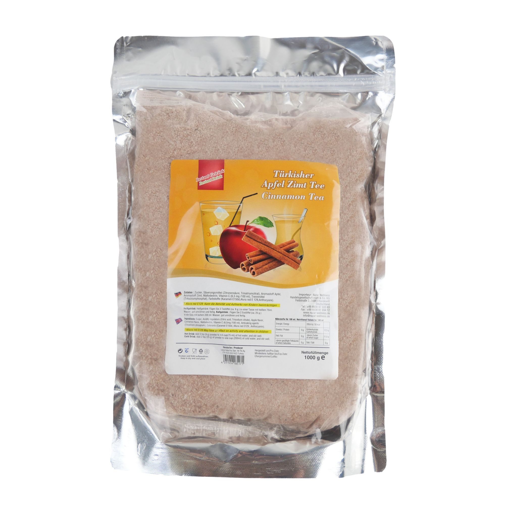 Tee Türkischer Apfeltee mit Zimtaroma Instant Tee 1 kg Pulver, schnell löslich, aromatisch