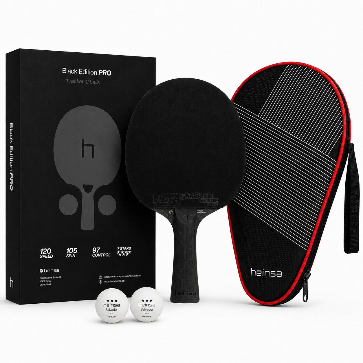 heinsa Tischtennisschläger HEINSA Tischtennisschläger Black Edition Pro Carbon ITTF mit Tasche (Set, 5-tlg., mit Tasche)