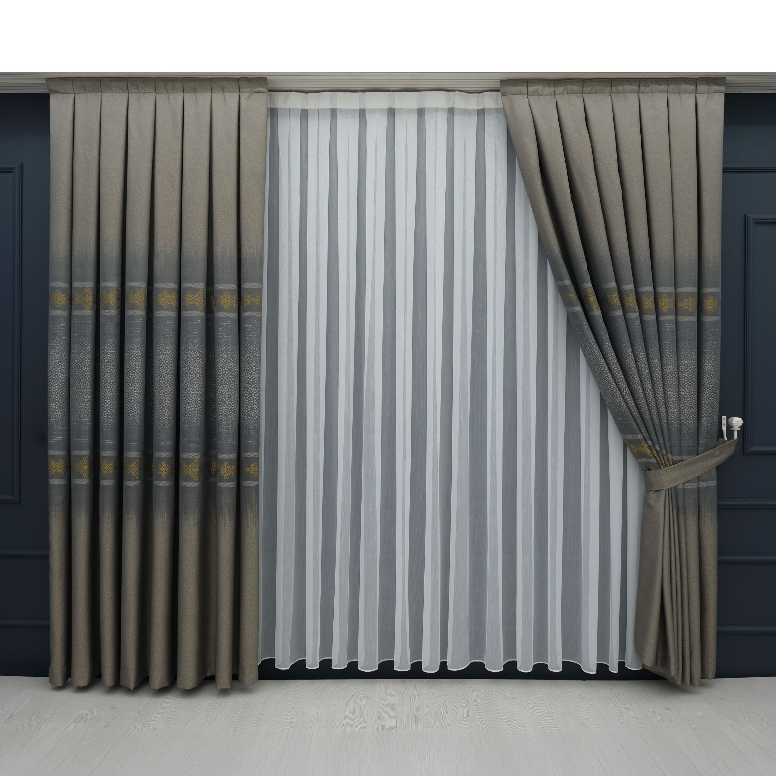 Gardinen by Justyna Vorhang Komplett-Set Vorhang Grau – Falten mit Store (5 St), Kräuselband, Fertiggardine, Halbtransparent, Faltenband, Komplett-Set, Pflegeleicht