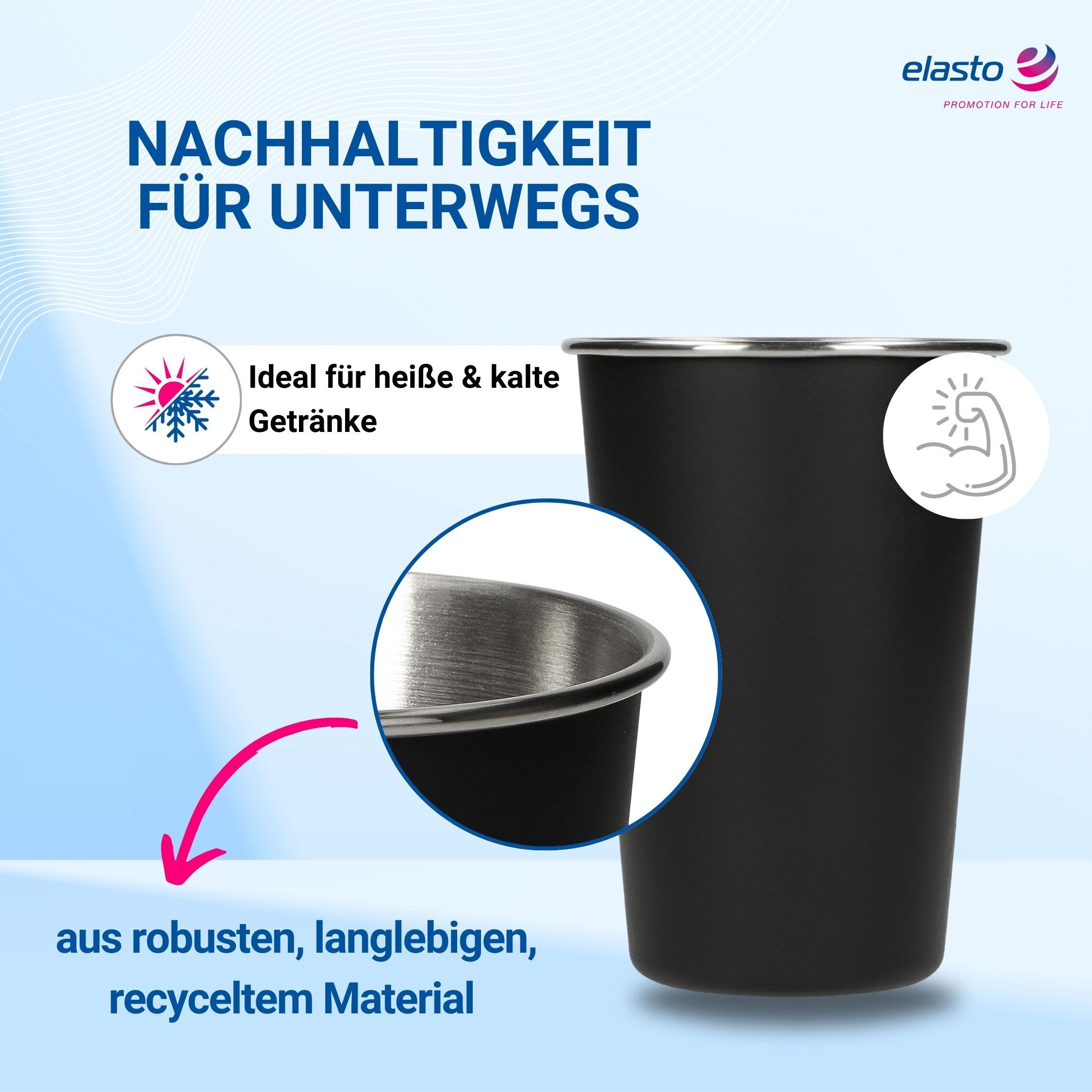 elasto Becher Edelstahl Trinkbecher to go 500 ml METALLO perfekt für unterwegs, Edelstahl, robust, camping geschirr, wandern, Becher für Partys