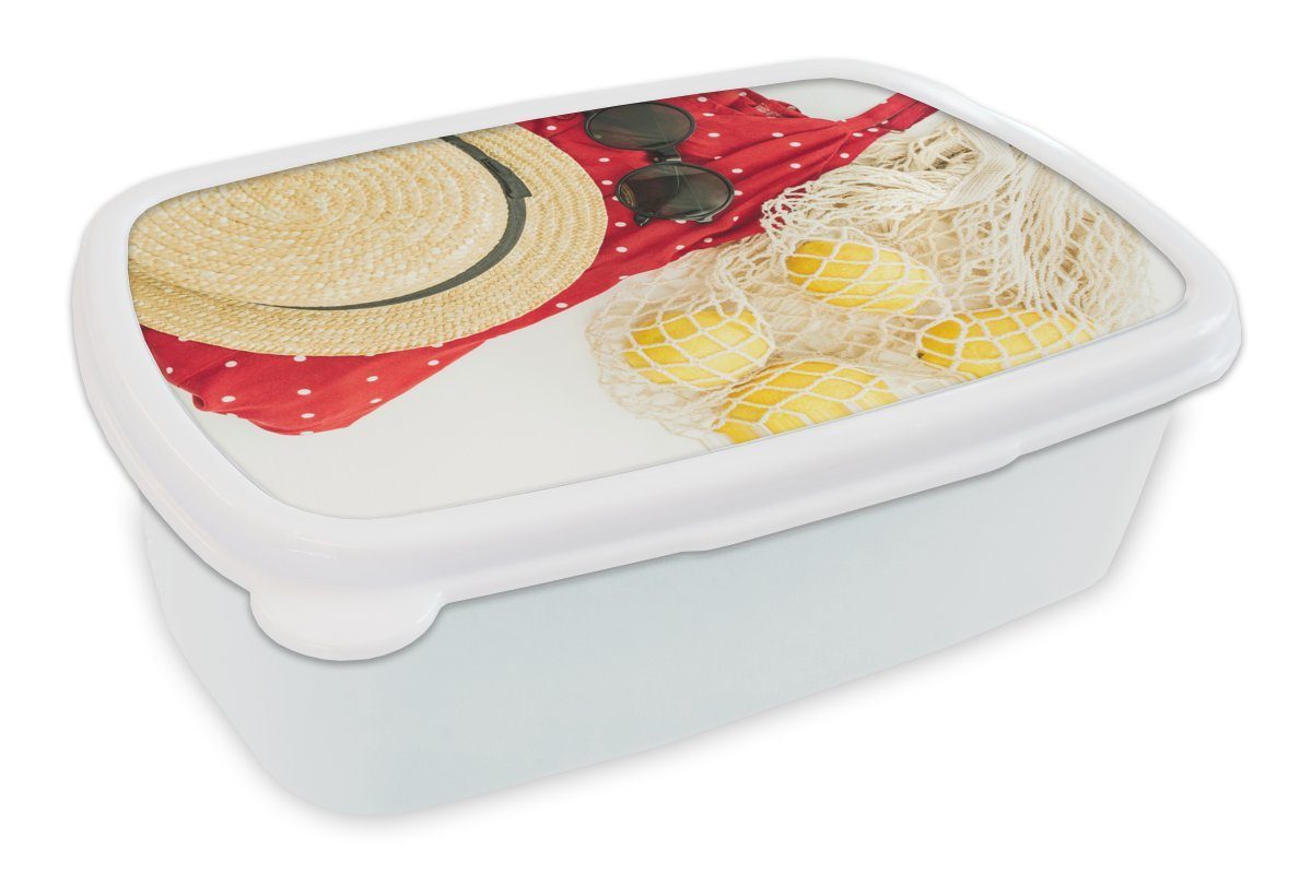 MuchoWow Lunchbox Sommer - Sonnenbrille - Hut, Kunststoff, (2-tlg), Brotbox für Kinder und Erwachsene, Brotdose, für Jungs und Mädchen weiß