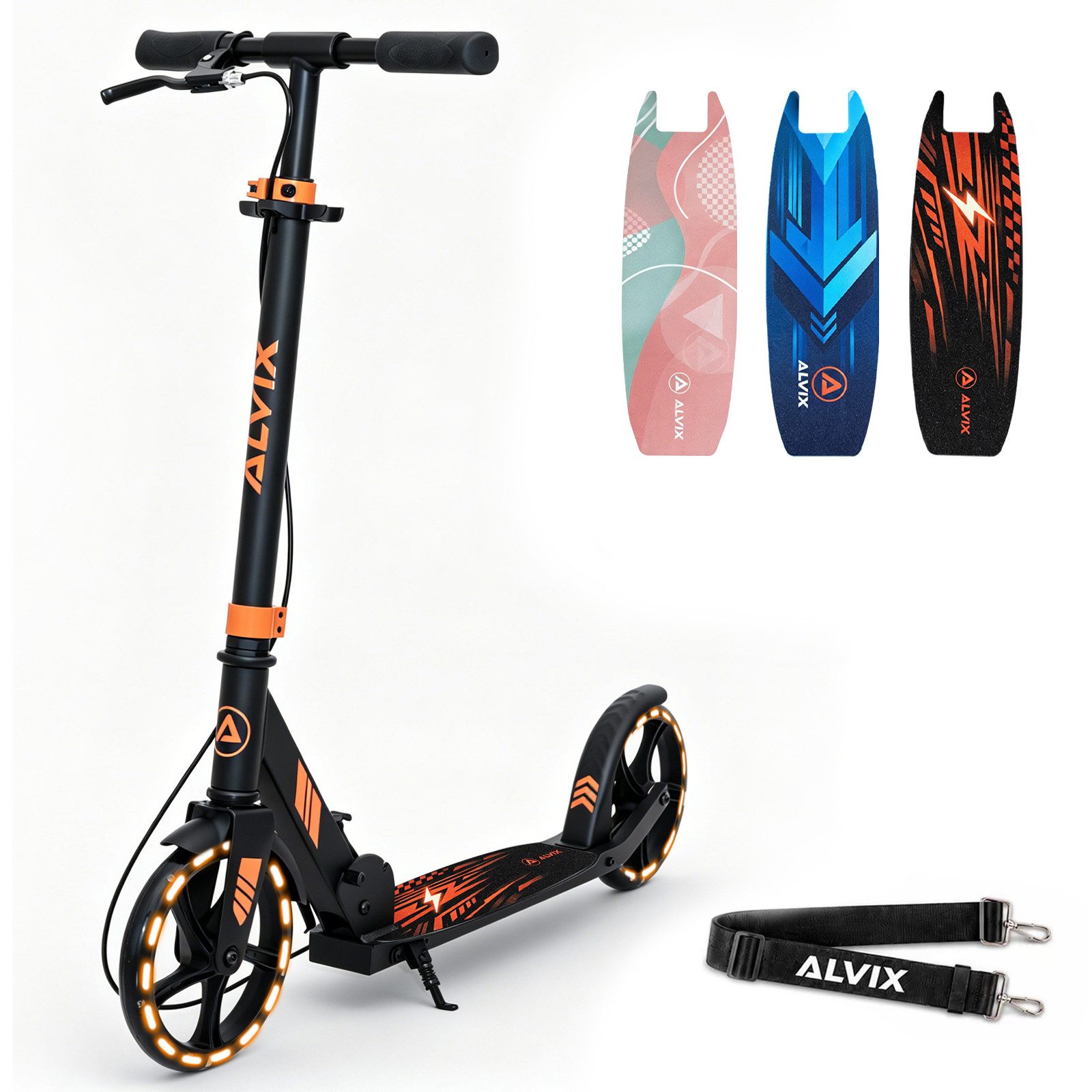 ALVIX Cityroller Kinderroller K-Serie mit Handbremse, (Einzelartikel, 1 Scooter, 1 Tragegurt, 1 Bedienungsanleitung), 200-mm-LED-Räder, breites 120-mm-Deck, faltbar, Tragegurt