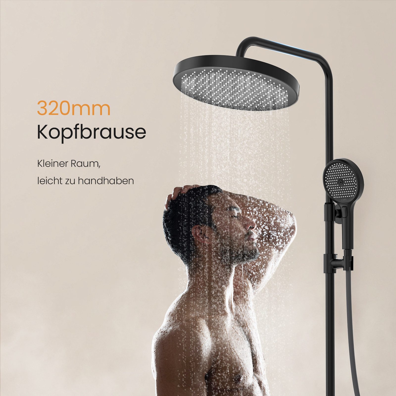 EMKE Duschsystem Duschset mit Thermostat,32cm Runde Regenduschset,mit Kopfbrause, Höhe 83 cm, 3 Strahlart(en), set, Brauseschlauch mit Verdrehschutz, verstellbare Höhe Duschstange,3F-Funktion,ABS-Gehäuse,1.5 m Schlauch