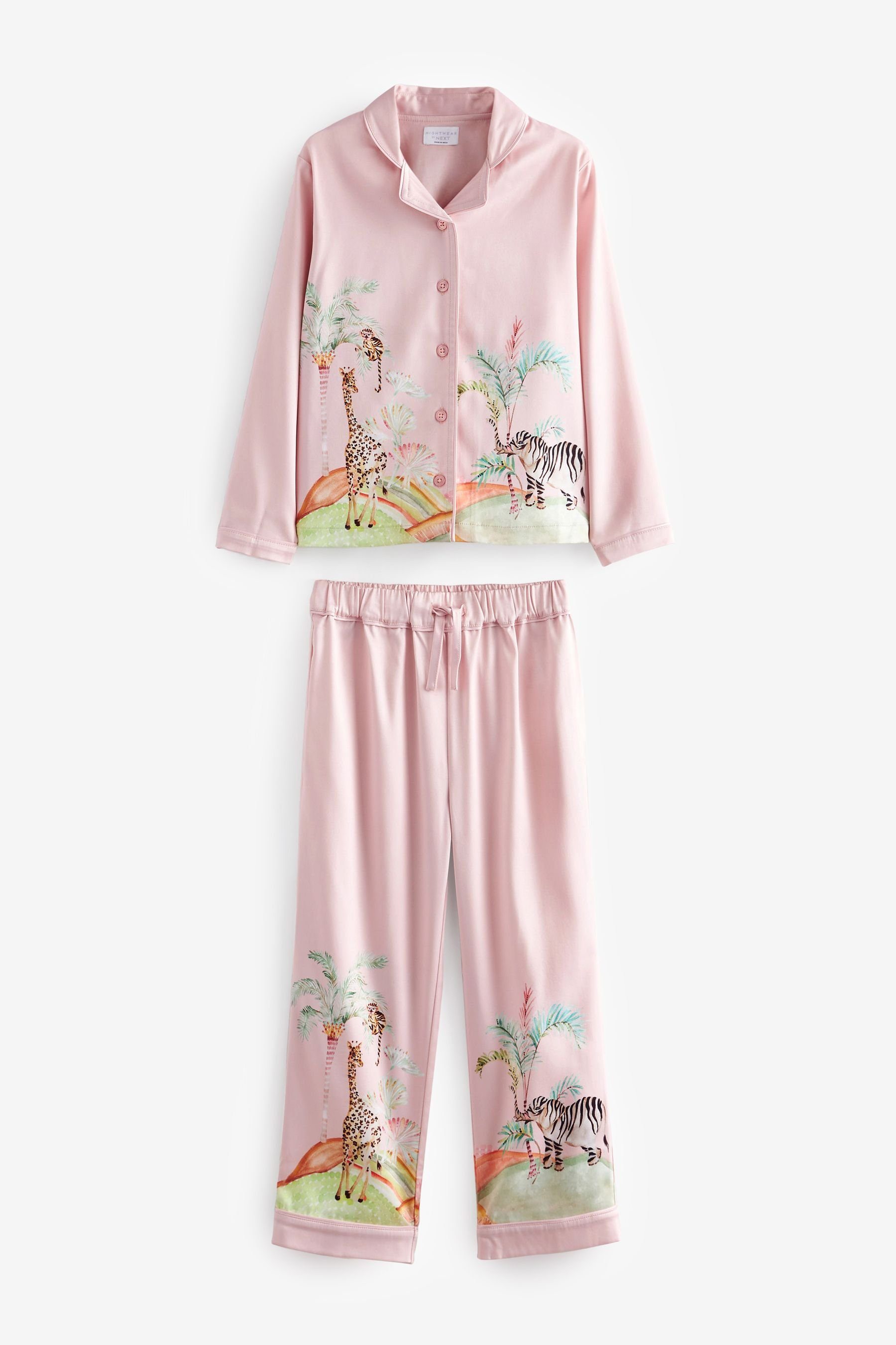 Next Pyjama Durchgehend geknöpfter Schlafanzug aus Satin (2 tlg) Pink Safari