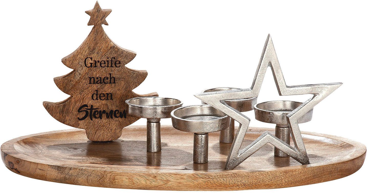 GILDE Kerzentablett Adventsleuchter Sternmotiv, naturfarben, silberfarben (1 St)