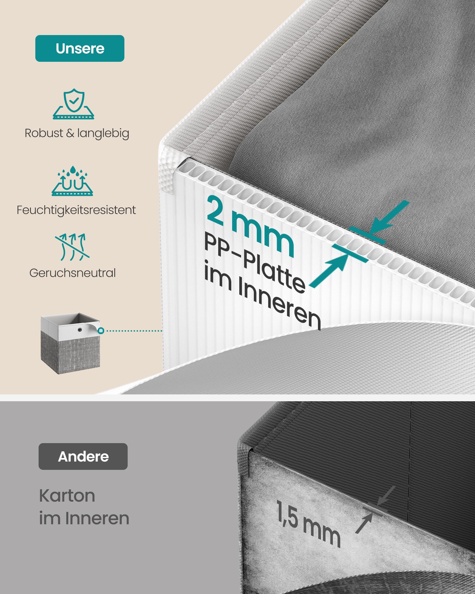 SONGMICS Aufbewahrungsbox Aufbewahrungskorb, Ordnungsboxen, Faltbox, Stoffbox für Würfelregal (6 St), mit PP-Platten, geruchsneutral, 33 x 33 x 33 cm, wolkenwei – Bild 4 von 5