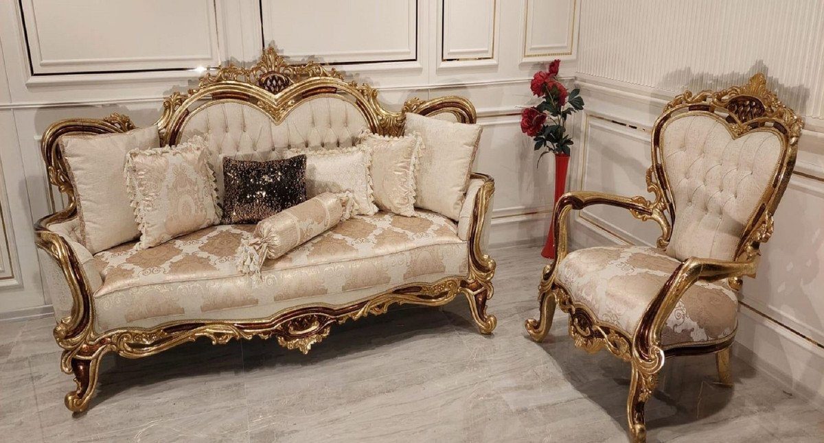 Sessel / Barock Casa elegantem Gold Padrino / Sessel Prunkvoller Luxus Barock Wohnzimmer Handgefertigte Braun Cremefarben - Möbel Wohnzimmer - Muster mit Sessel