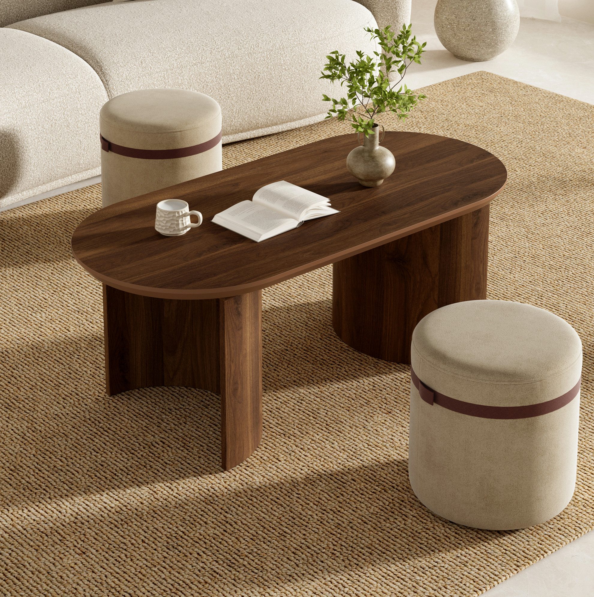 MODFU Couchtisch Kompaktes Tisch-Set – 108×50×44 cm mit 2 Hockern & Stauraum (Packung, 1-St., Walnuss, für Wohnzimmer & Flur), oval, MDF, vielseitig, platzsparend
