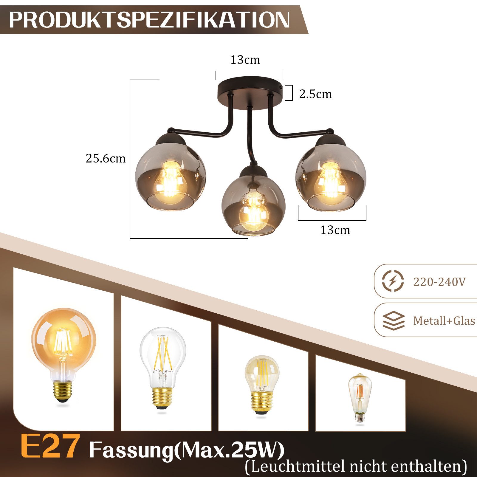 Nettlife Deckenleuchte Glas Schwarz Vintage 3/5 flammig E27 Industrial Flurlampe, LED wechselbar, Deckenlampe für Wohnzimmer Schlafzimmer – Bild 3 von 5