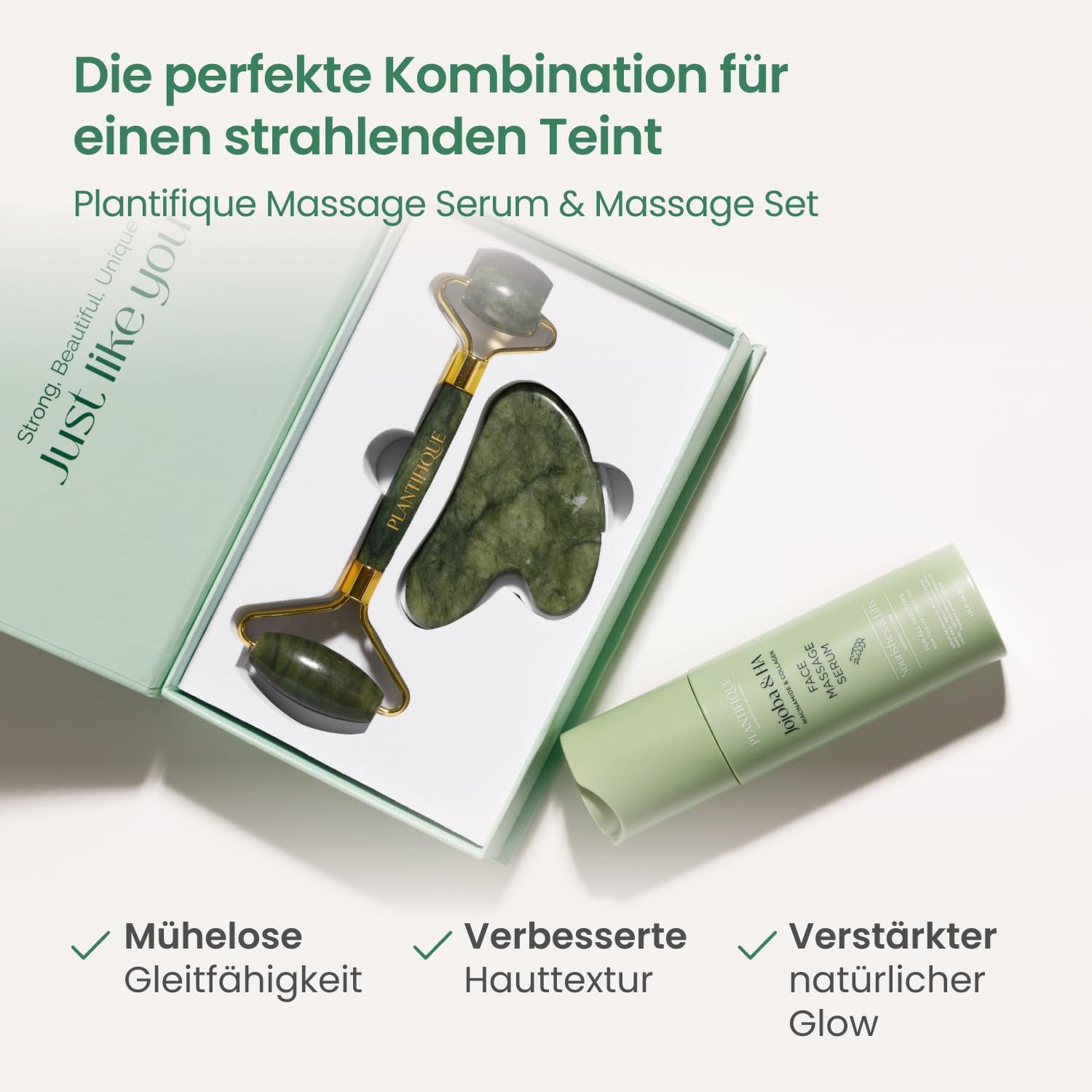 PLANTIFIQUE Massageroller 2-in-1 Beauty-Set mit Jade Gesichtsroller und Gua Sha Stein, Wiederverwendbar und einfach anzuwenden, Unterstützt ein frisches, gepflegtes und entspanntes Hautgefühl