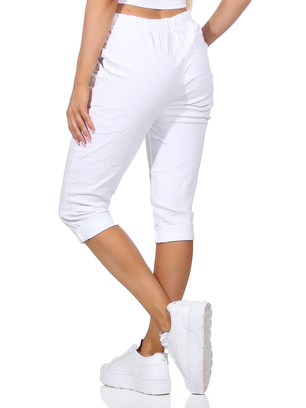 Aurela Damenmode Kordelzug, sommerlichen Hose Capri Taschen Bermuda Sommerhose Damen Farben, Weiß in Kurze 36-44 Jeans 7/8-Hose und