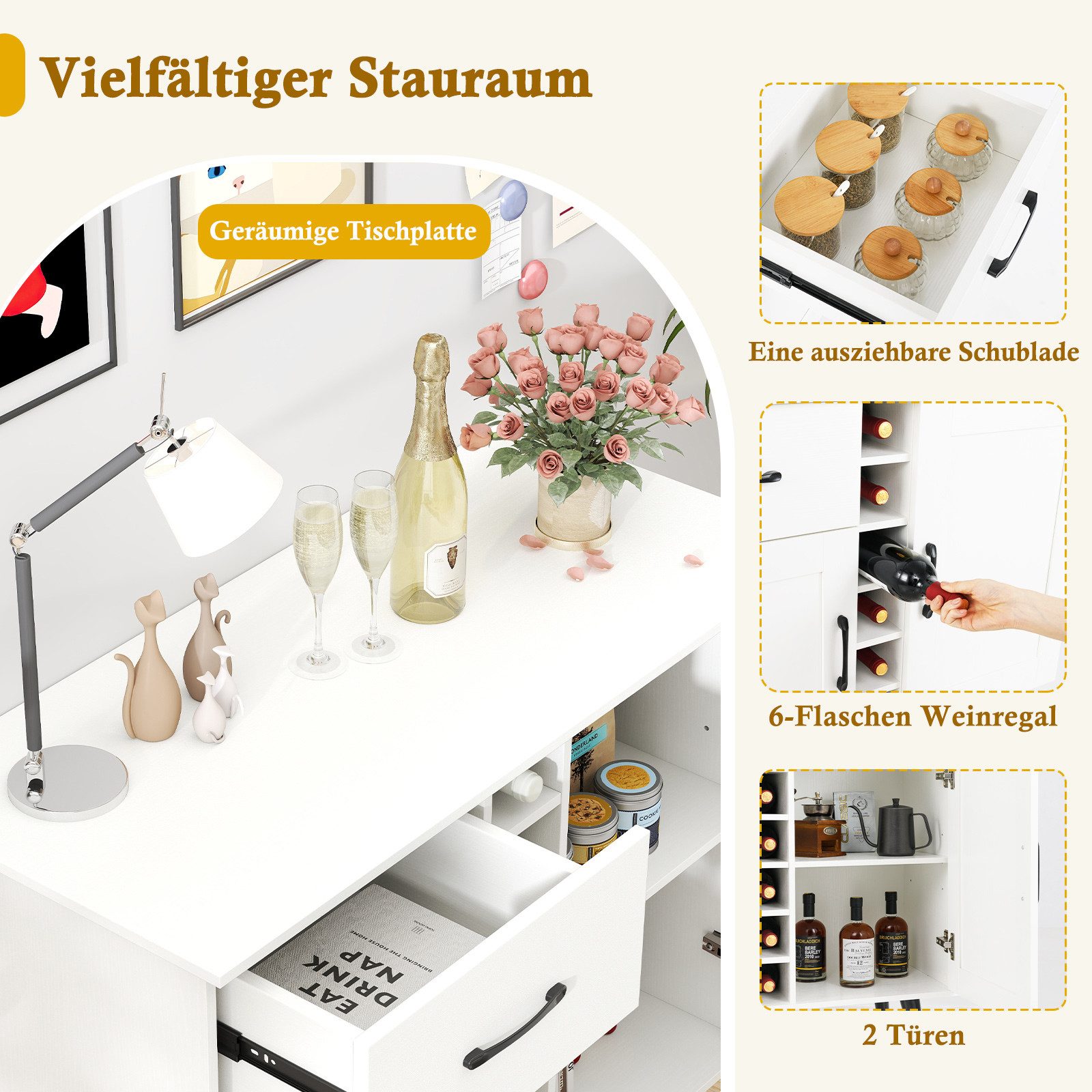 COSTWAY Weinschrank Buffetschrank mit 6-Flaschen Weinregal, verstellbare Regal, Weiß