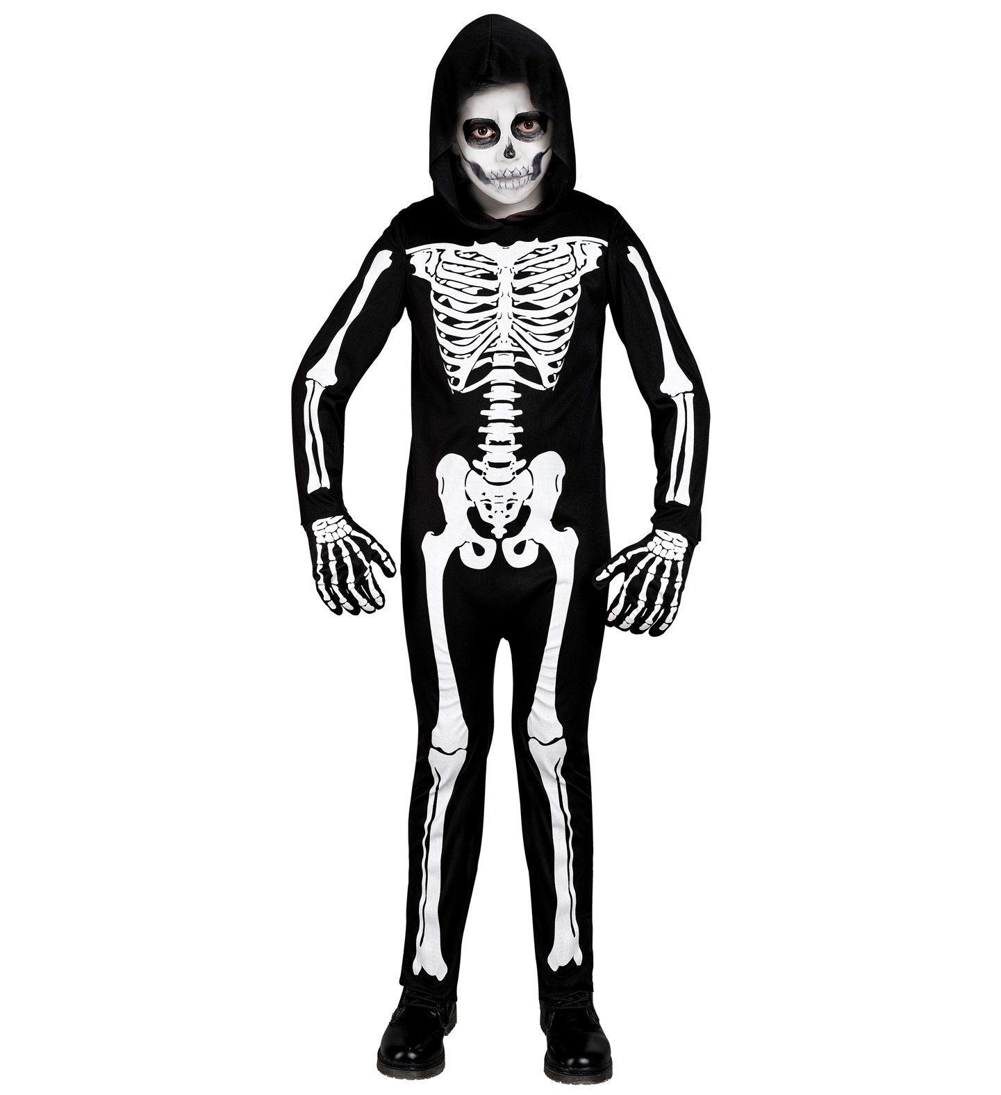 Widmann S.r.l. Hexen-Kostüm Halloween UV Skelett Kinderkostüm, Schwarz Weiß
