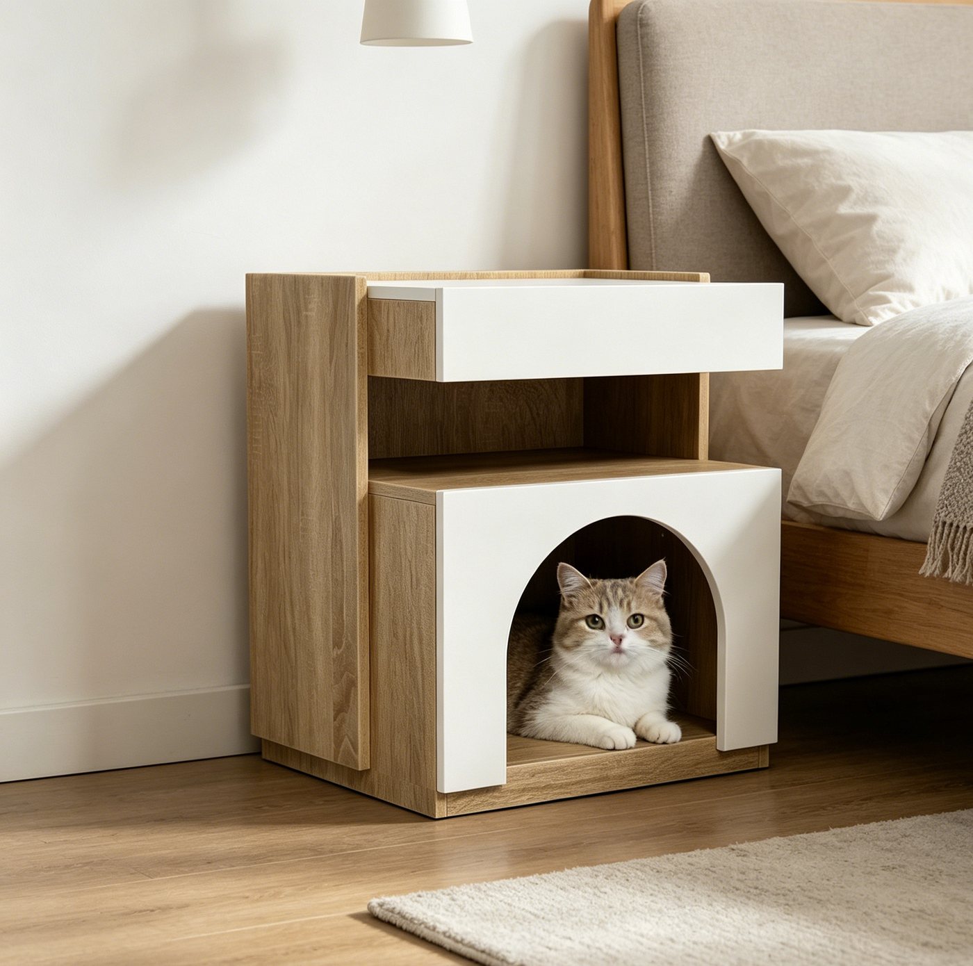 FUFU&GAGA Nachttisch Weiß Eiche mit Katzenhoehle, 2-in-1 Beistelltisch modern