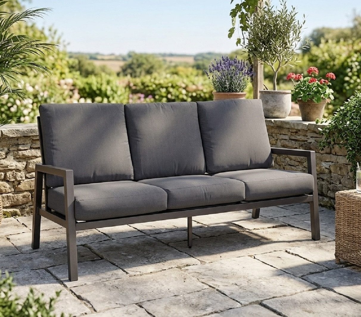 Gardissimo Gartenbank 3 Sitzer Alu Lounge Sofa Sessel Gartensofa Bank Ontario Garten (Spar-Set, inkl. Kissen), wetterfest pflegeleicht inkl. Kissen mit Reißverschluss