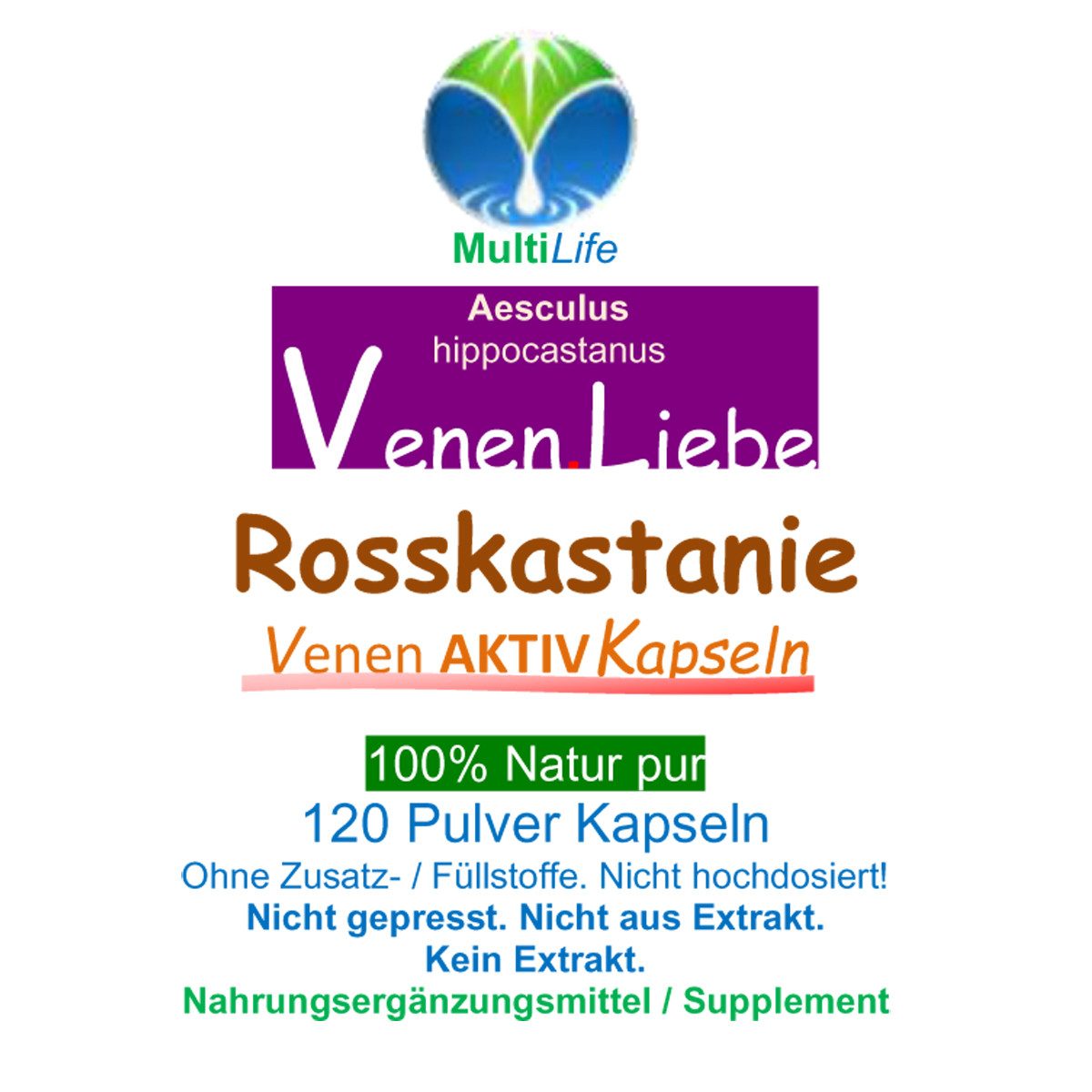 VitalLife Rosskastanie (Aesculus) Venen AKTIV bei Venenveränderungen NATUR pur Kapseln, 1 er Dose à 120 St., 66 g, Art. 27333-120
