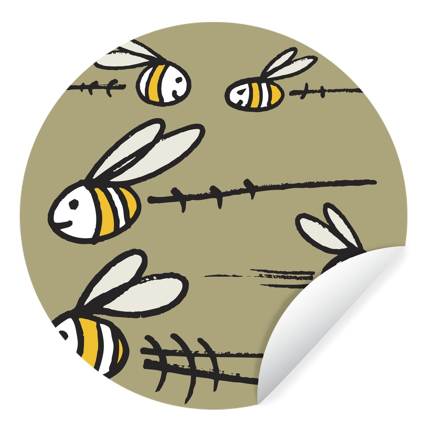 MuchoWow Wandsticker Eine Illustration von fünf Bienen vor einem beigen Hintergrund (1 St), Tapetenkreis für Kinderzimmer, Tapetenaufkleber, Rund, Wohnzimmer