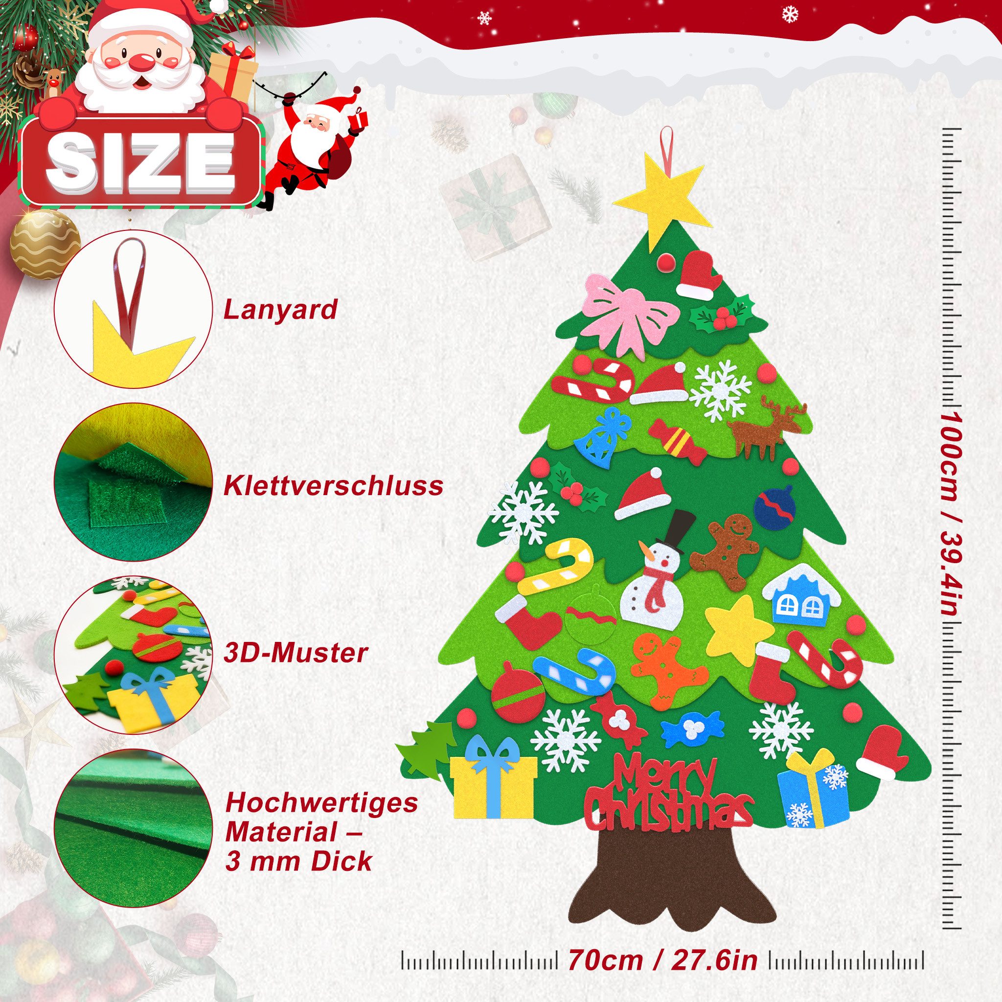 FIVMEN Künstlicher Weihnachtsbaum DIY Filz-Tannenbaum Filzchristbaum Deko 3 Stile, Filz-Tannenbaum, mit 36 Stück Abnehmbaren Ornamenten