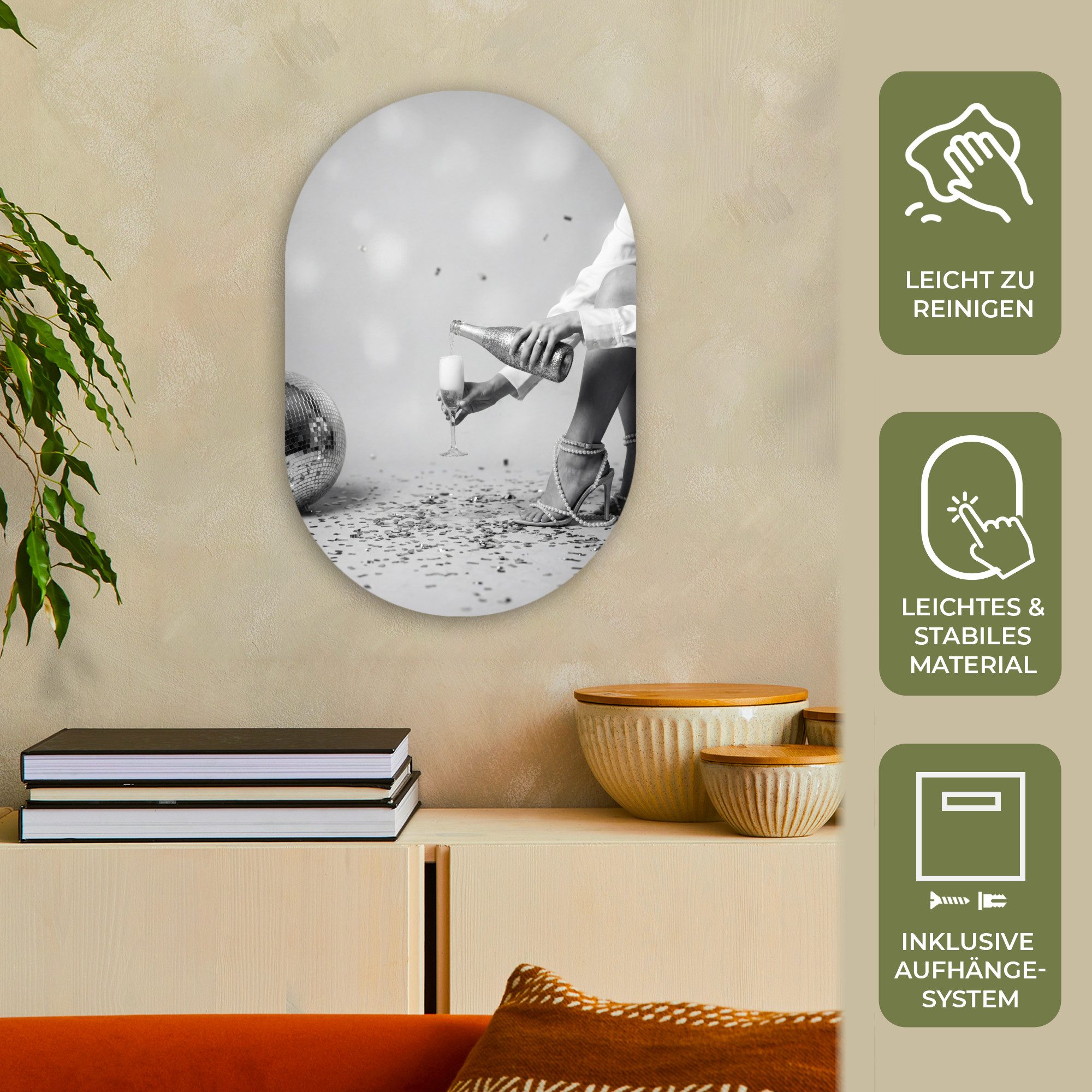 MuchoWow Gemälde Festlich - Champagner - Discokugel, Fotodruck (1 St), Wandbild Oval, Wohnzimmer oder Schlafzimmer Wanddekoration, 40x60 cm