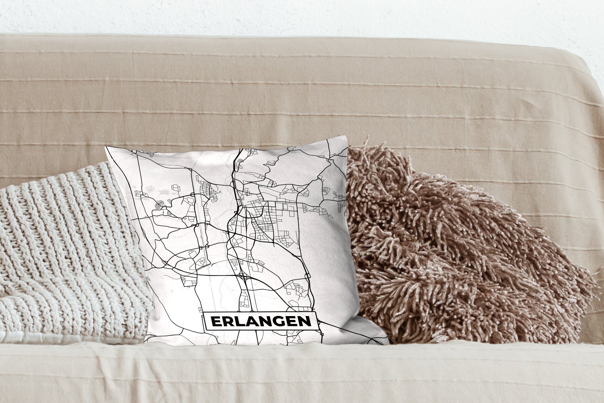 mit Schlafzimmer, für - MuchoWow - Wohzimmer, Erlangen, Karte Deko, Zierkissen Sofakissen Dekokissen Füllung Stadtplan